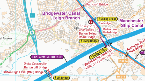 Map extract showing Barton Lift Bridge